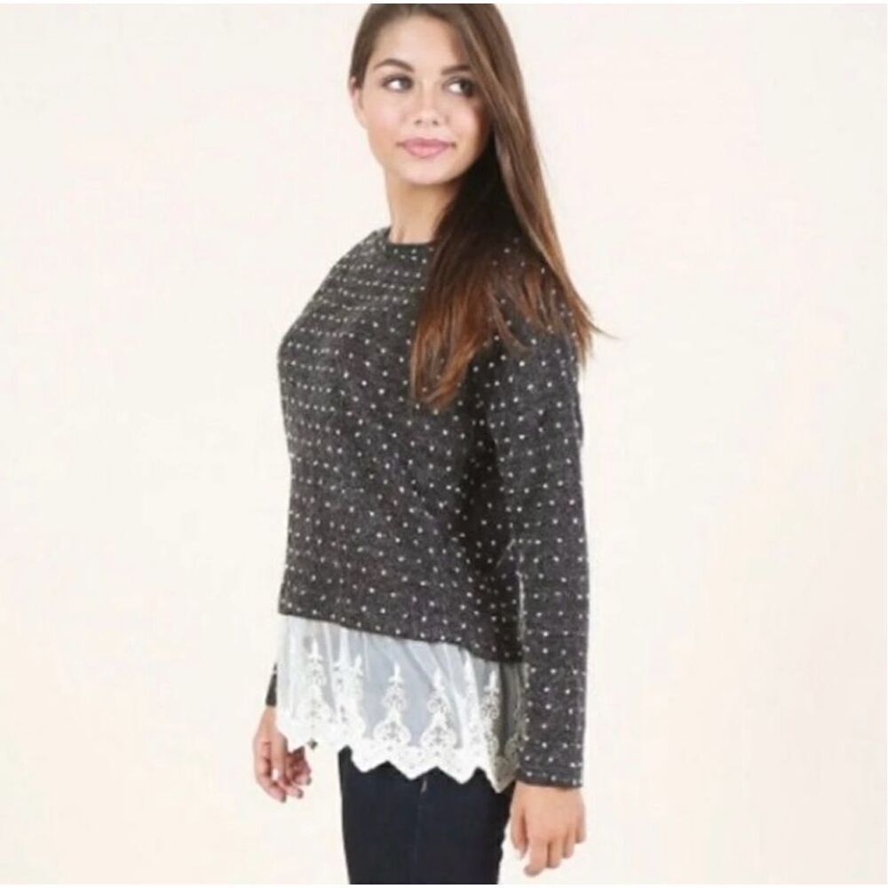 Womens Altar'd State Polka Dot Lace Hem Top - Sz S